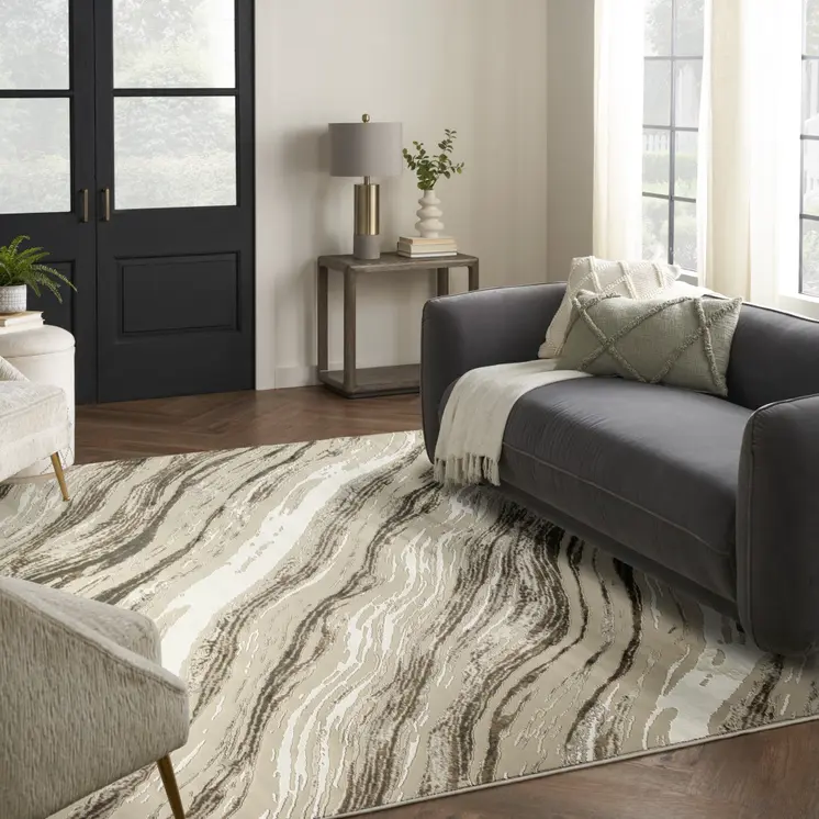 9' X 12' Beige Black and Gray Abstract Non Skid Area Rug