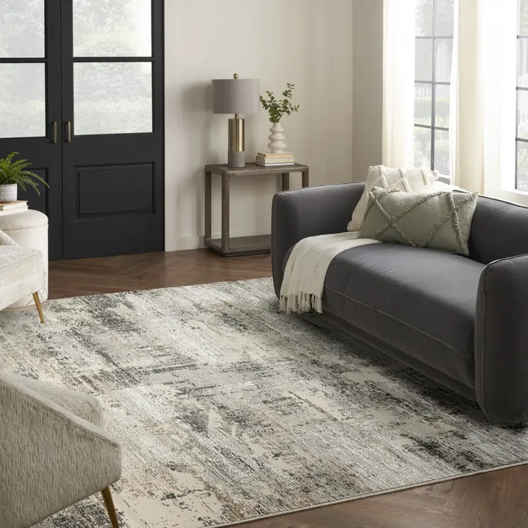 9' X 12' Beige Black and Gray Abstract Non Skid Area Rug