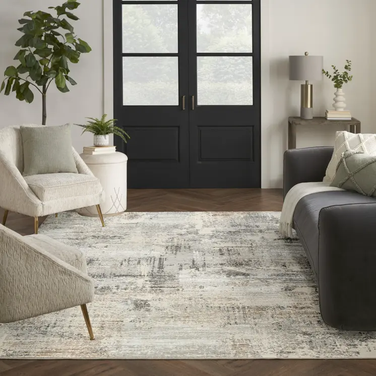 9' X 12' Beige Black and Gray Abstract Non Skid Area Rug