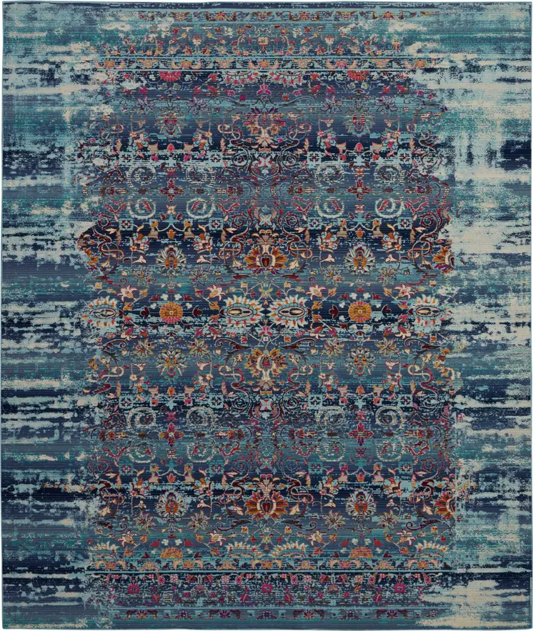9' X 12' Blue Red And Orange Floral Distressed Non Skid Area Rug