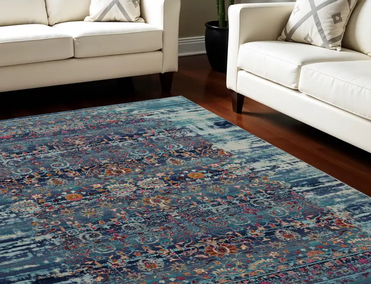 9' X 12' Blue Red And Orange Floral Distressed Non Skid Area Rug