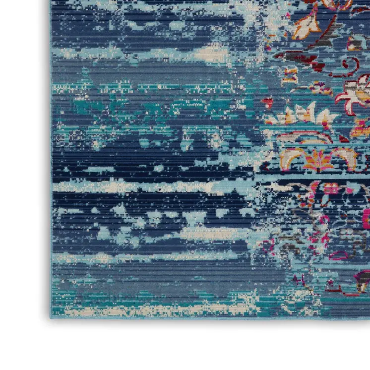 9' X 12' Blue Red And Orange Floral Distressed Non Skid Area Rug