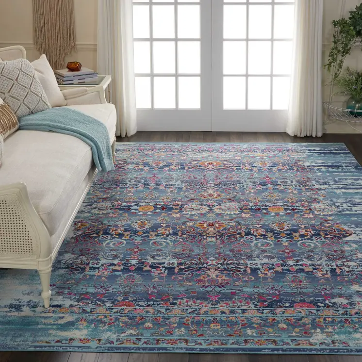 9' X 12' Blue Red And Orange Floral Distressed Non Skid Area Rug