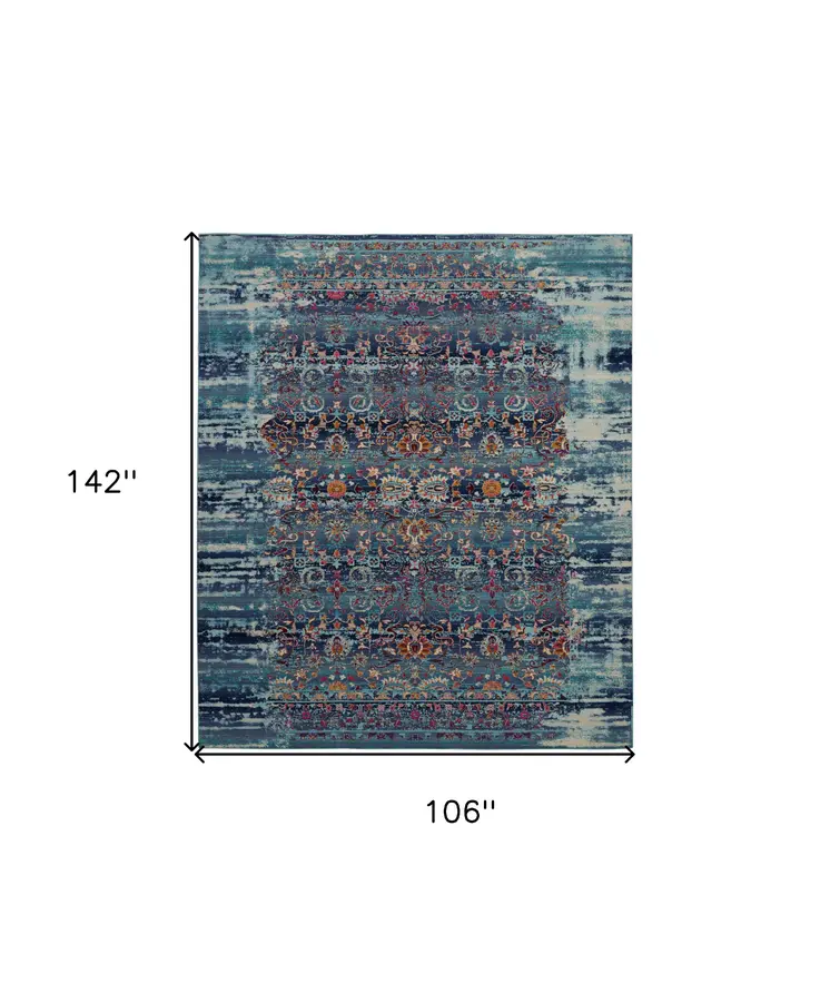 9' X 12' Blue Red And Orange Floral Distressed Non Skid Area Rug