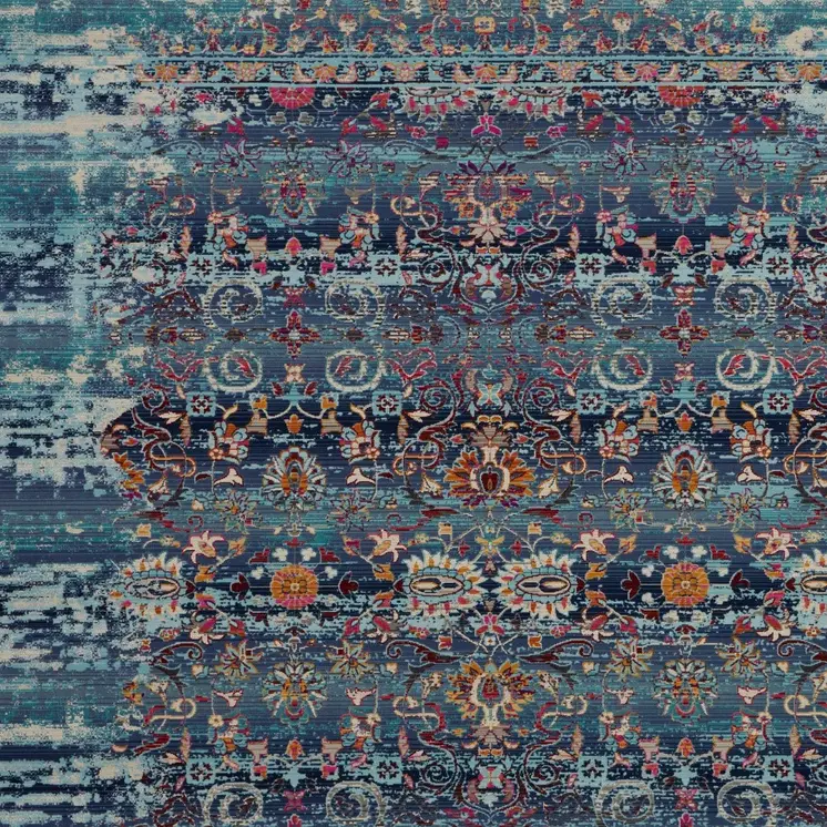 9' X 12' Blue Red And Orange Floral Distressed Non Skid Area Rug