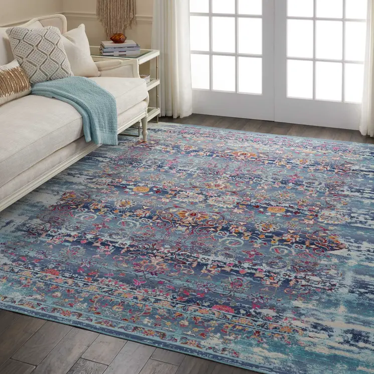 9' X 12' Blue Red And Orange Floral Distressed Non Skid Area Rug