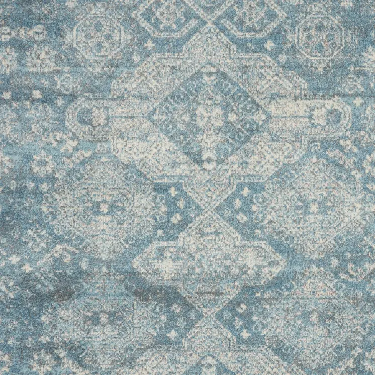 9' X 12' Ivory and Light Blue Geometric Distressed Area Rug