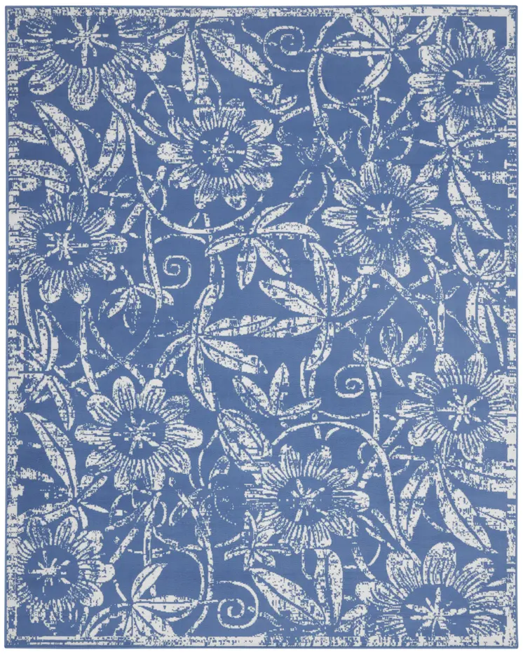 8' X 12' Blue and Ivory Floral Distressed Non Skid Area Rug