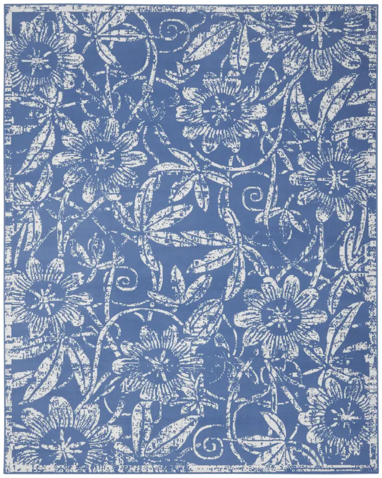 8' X 12' Blue and Ivory Floral Distressed Non Skid Area Rug