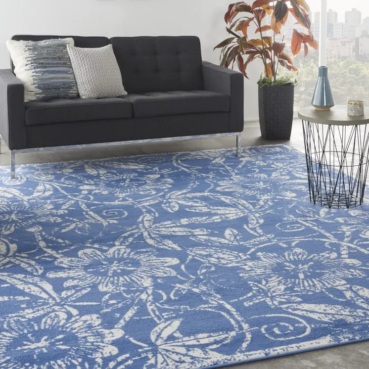 8' X 12' Blue and Ivory Floral Distressed Non Skid Area Rug
