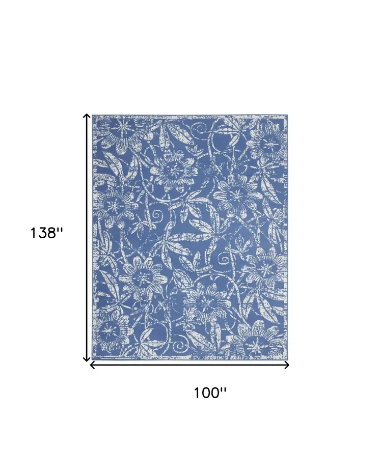 8' X 12' Blue and Ivory Floral Distressed Non Skid Area Rug