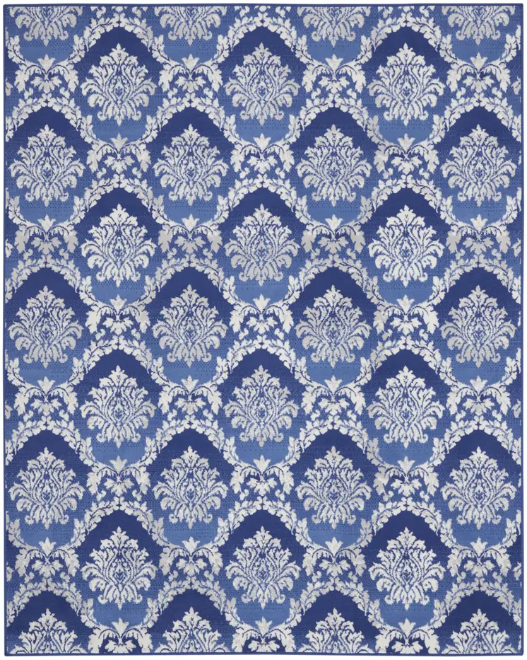8' X 12' Blue and Ivory Damask Distressed Non Skid Area Rug