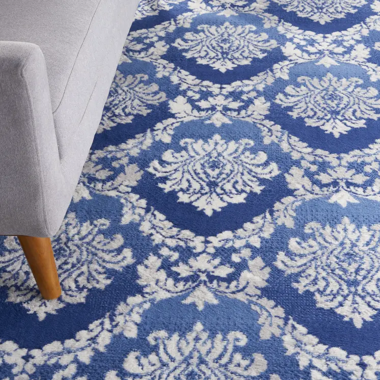 8' X 12' Blue and Ivory Damask Distressed Non Skid Area Rug