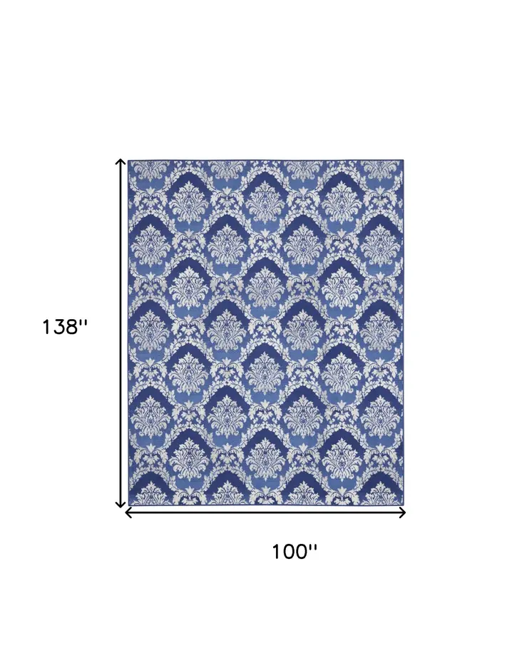 8' X 12' Blue and Ivory Damask Distressed Non Skid Area Rug