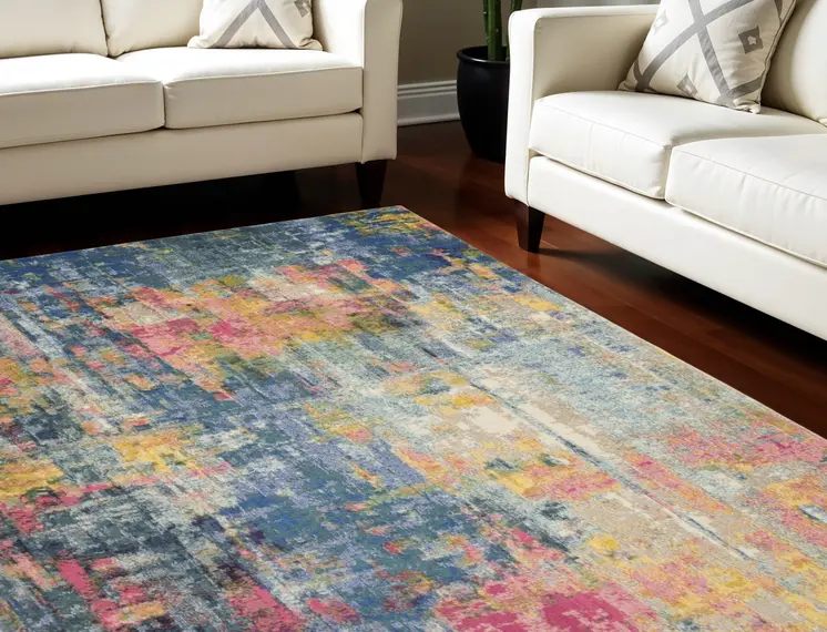 9' X 12' Blue and Yellow Abstract Power Loom Area Rug