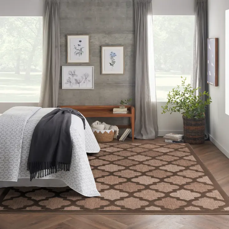 9' X 12' Dark Brown And Light Brown Trellis Indoor Outdoor Area Rug