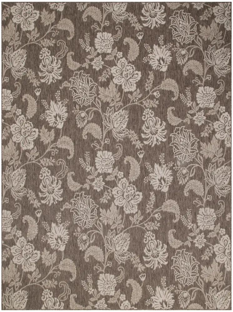 9' X 12' Brown And Ivory Floral Indoor Outdoor Area Rug