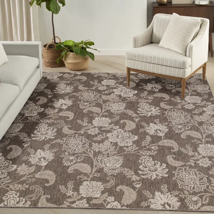 9' X 12' Brown And Ivory Floral Indoor Outdoor Area Rug