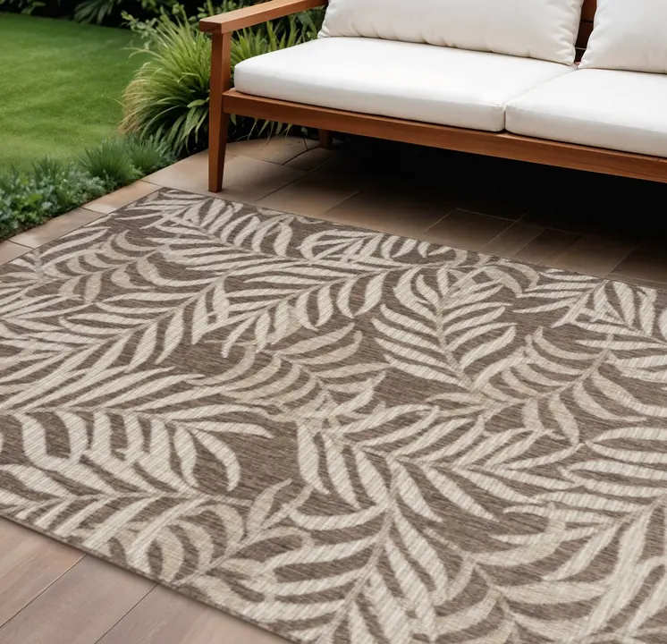 9' X 12' Brown And Ivory Palm Leaf Indoor Outdoor Area Rug