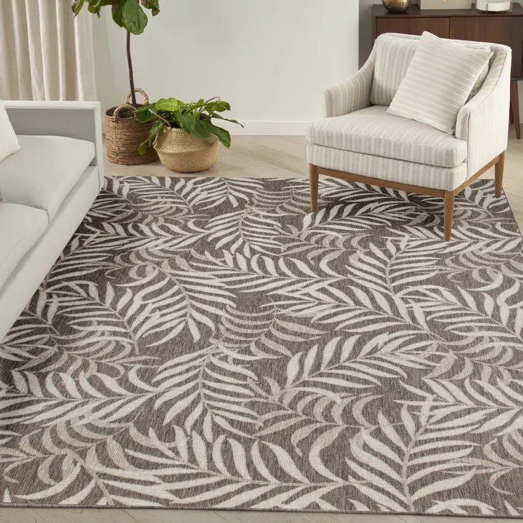 9' X 12' Brown And Ivory Palm Leaf Indoor Outdoor Area Rug
