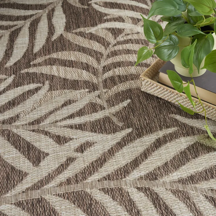 9' X 12' Brown And Ivory Palm Leaf Indoor Outdoor Area Rug
