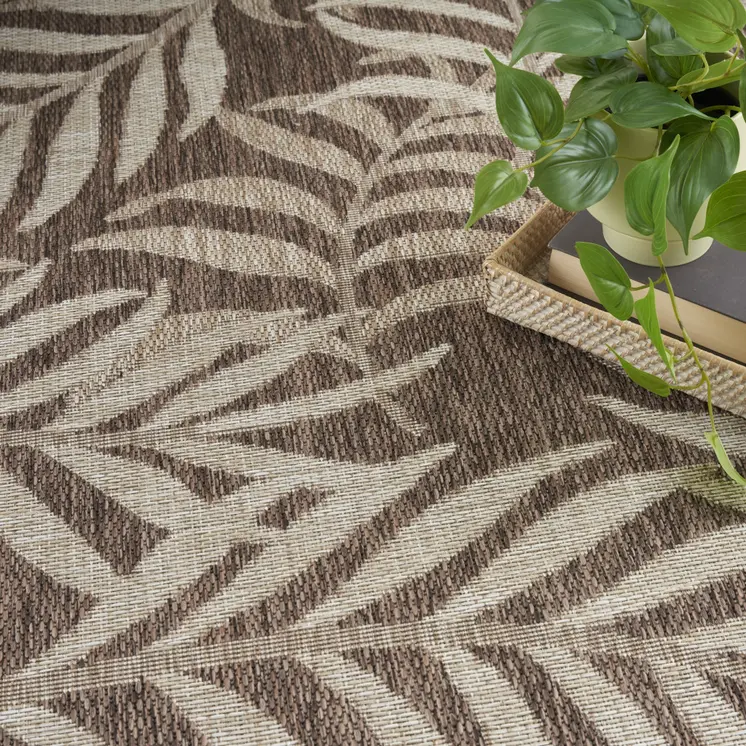 9' X 12' Brown And Ivory Palm Leaf Indoor Outdoor Area Rug