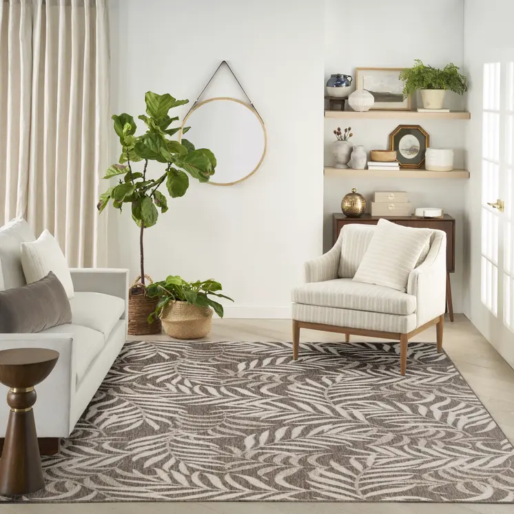 9' X 12' Brown And Ivory Palm Leaf Indoor Outdoor Area Rug