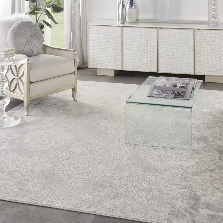 9' X 12' Gray and Ivory Damask Distressed Non Skid Area Rug