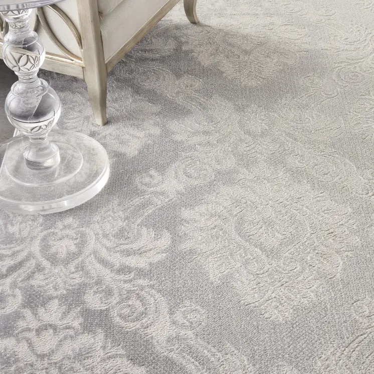 9' X 12' Gray and Ivory Damask Distressed Non Skid Area Rug