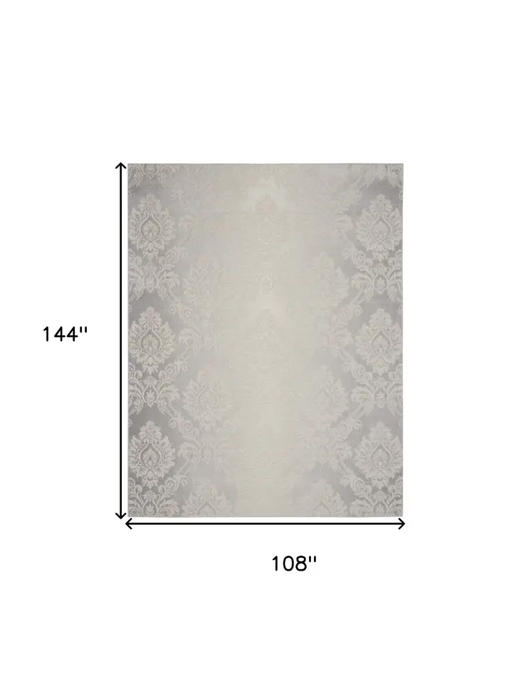 9' X 12' Gray and Ivory Damask Distressed Non Skid Area Rug