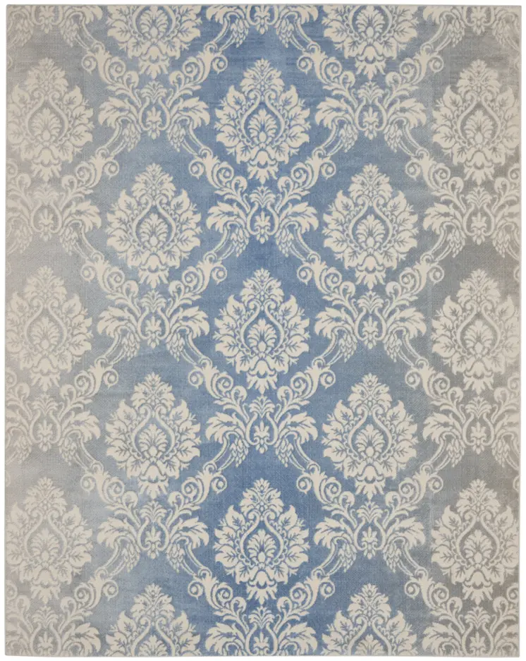 9' X 12' Blue and Ivory Damask Distressed Non Skid Area Rug