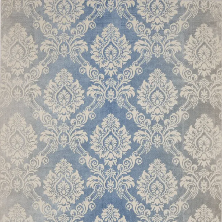 9' X 12' Blue and Ivory Damask Distressed Non Skid Area Rug