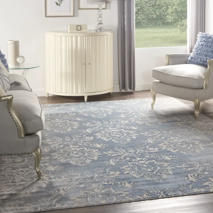 9' X 12' Blue and Ivory Damask Distressed Non Skid Area Rug