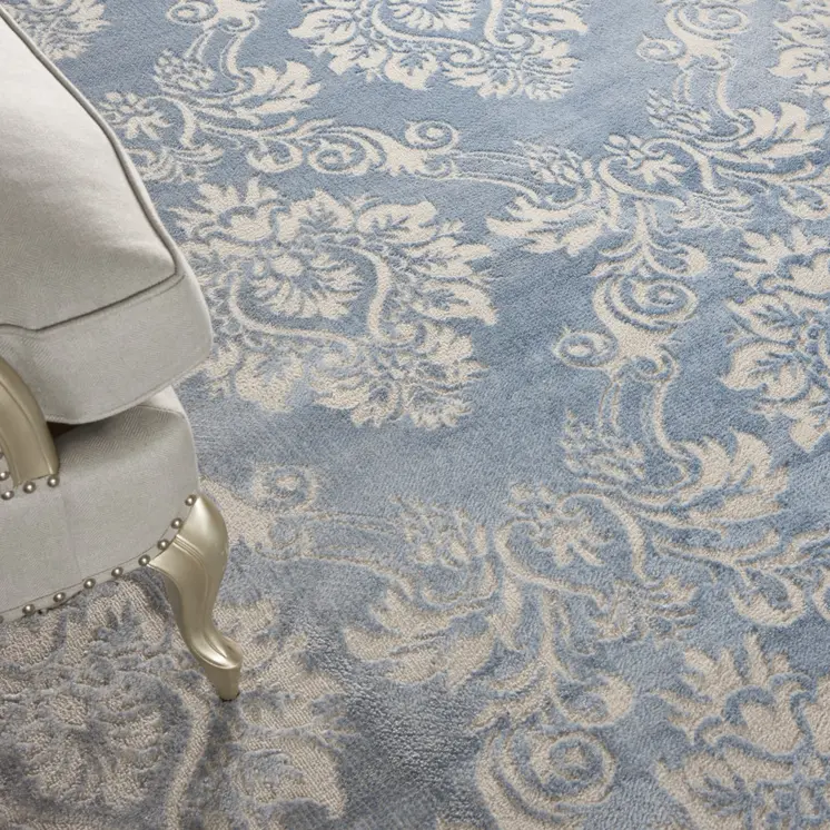 9' X 12' Blue and Ivory Damask Distressed Non Skid Area Rug