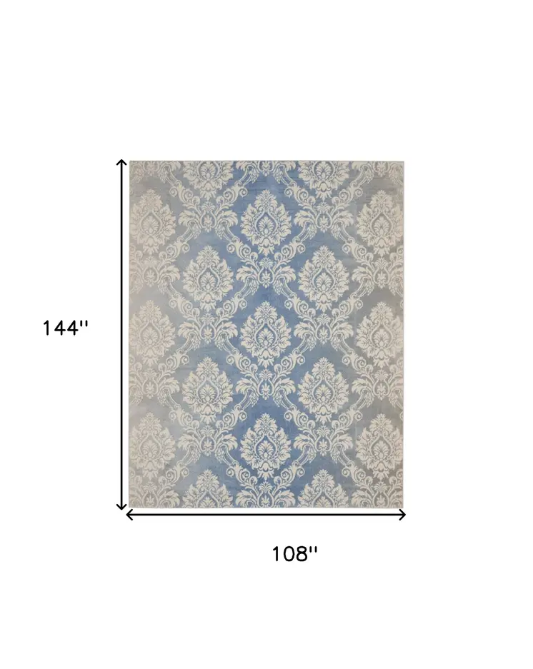 9' X 12' Blue and Ivory Damask Distressed Non Skid Area Rug