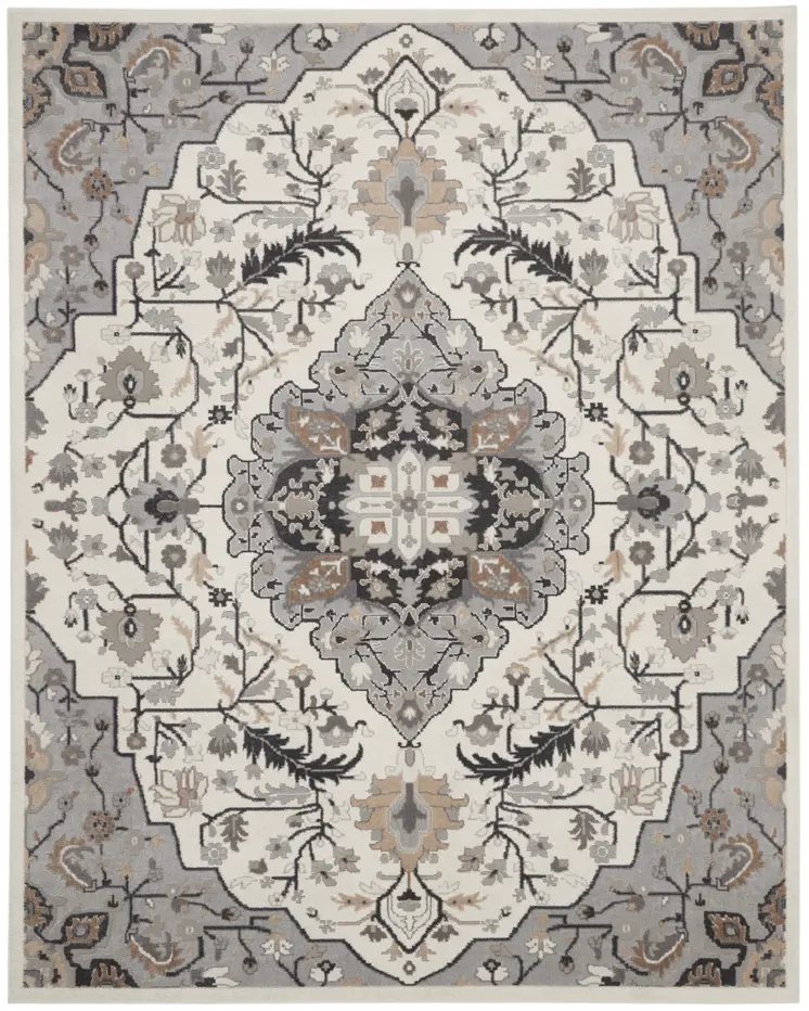 9' X 12' Ivory Black and Gray Floral Medallion Non Skid Area Rug