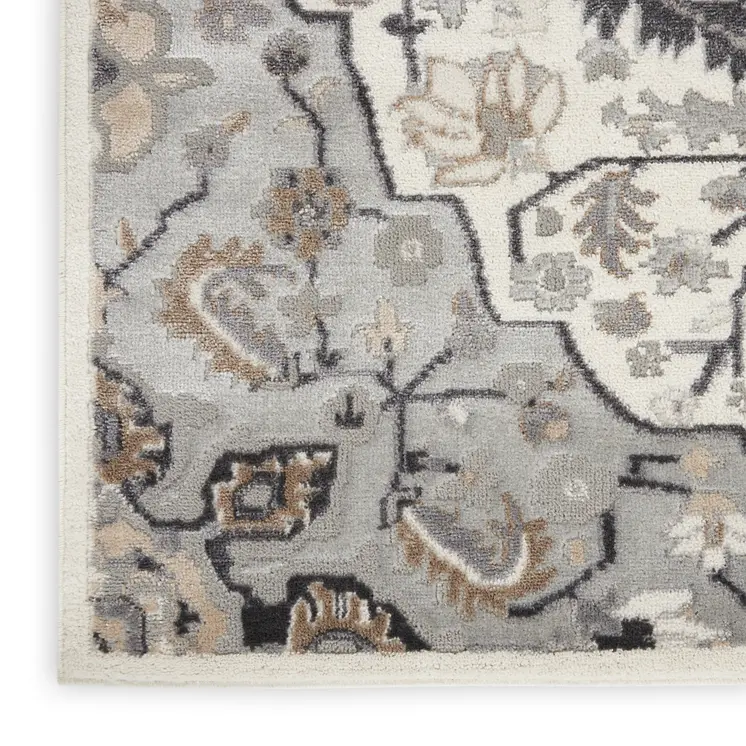9' X 12' Ivory Black and Gray Floral Medallion Non Skid Area Rug