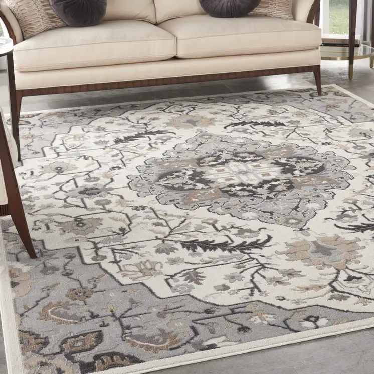 9' X 12' Ivory Black and Gray Floral Medallion Non Skid Area Rug