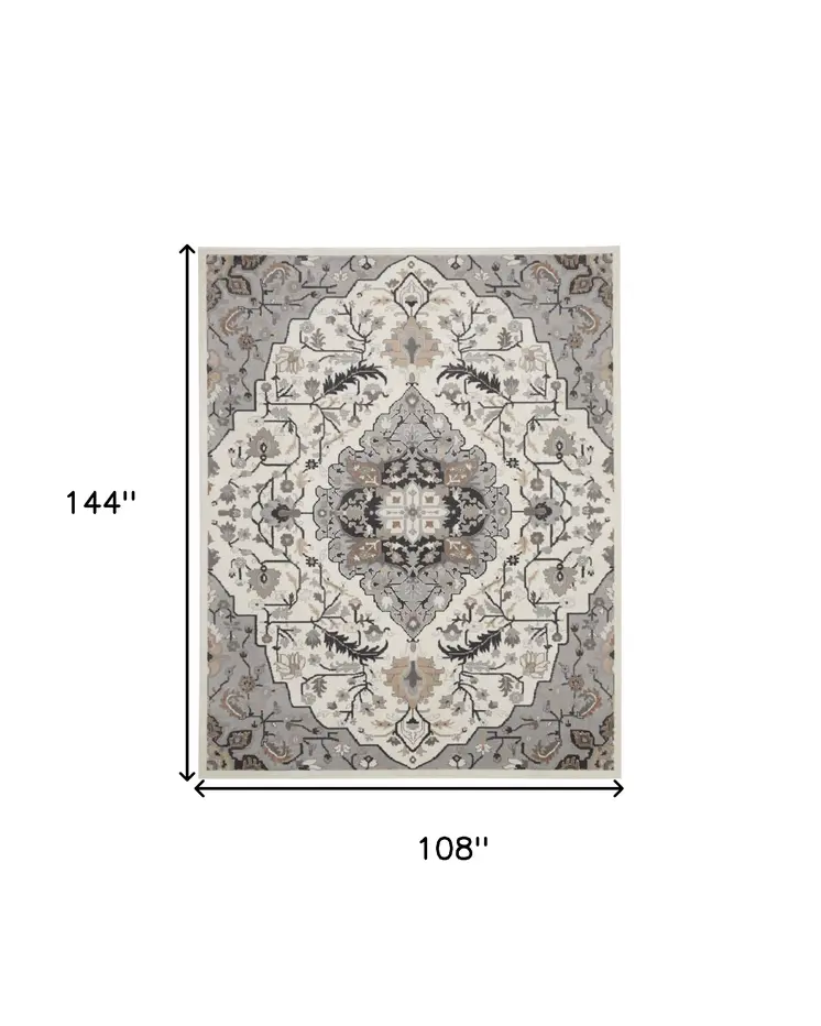 9' X 12' Ivory Black and Gray Floral Medallion Non Skid Area Rug