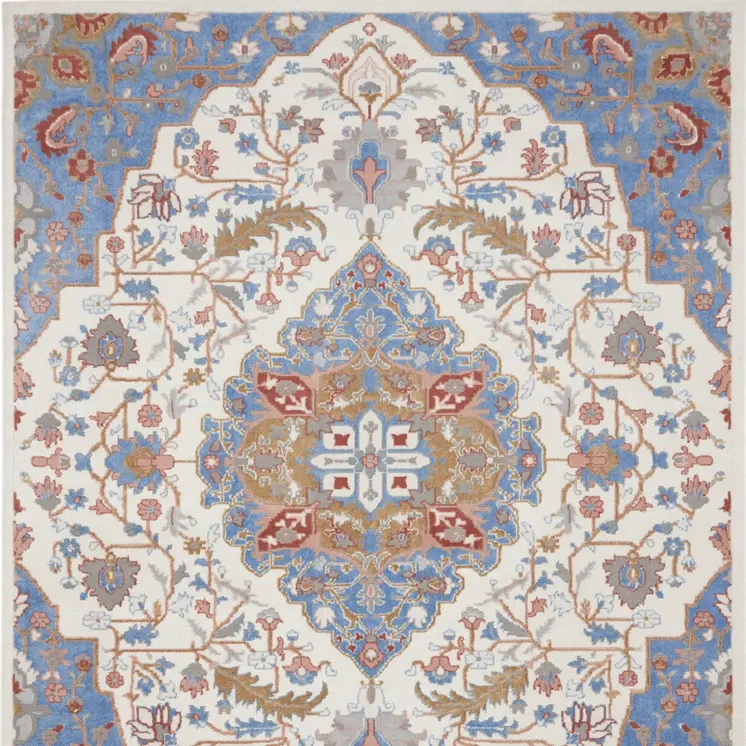 9' X 12' Ivory Tan and Blue Floral Medallion Non Skid Area Rug