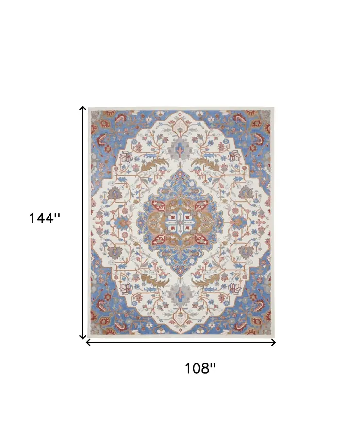 9' X 12' Ivory Tan and Blue Floral Medallion Non Skid Area Rug