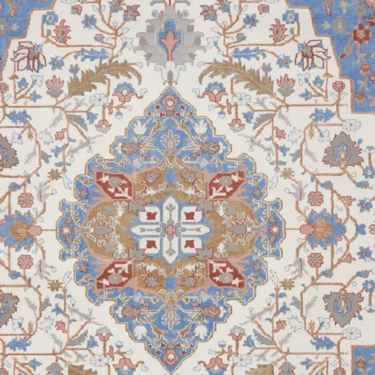 9' X 12' Ivory Tan and Blue Floral Medallion Non Skid Area Rug