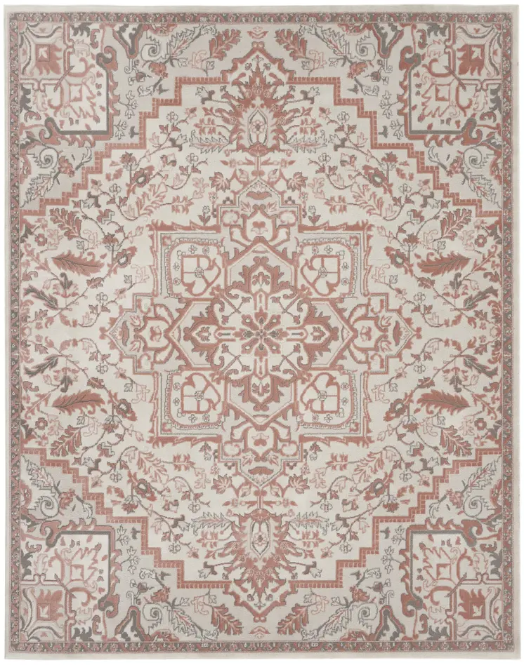 9' X 12' Ivory and Red Floral Medallion Non Skid Area Rug
