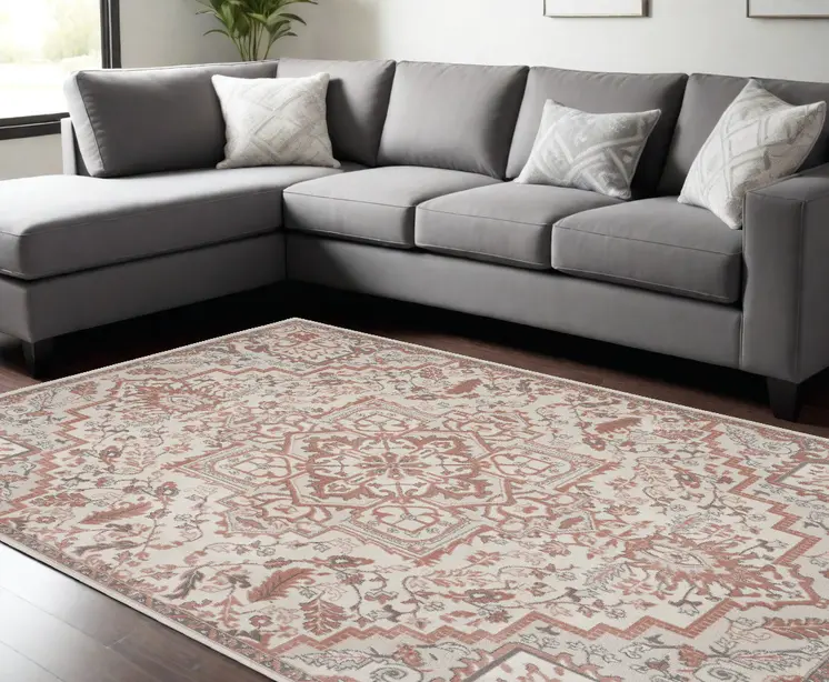 9' X 12' Ivory and Red Floral Medallion Non Skid Area Rug