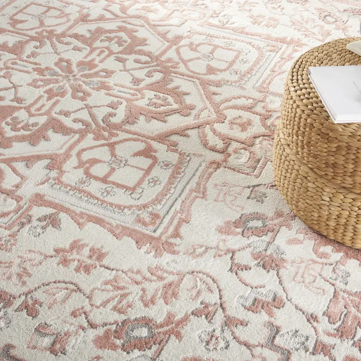 9' X 12' Ivory and Red Floral Medallion Non Skid Area Rug