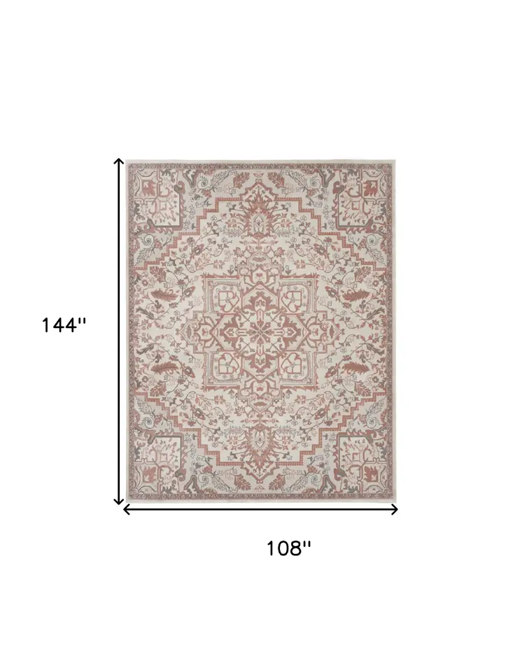 9' X 12' Ivory and Red Floral Medallion Non Skid Area Rug