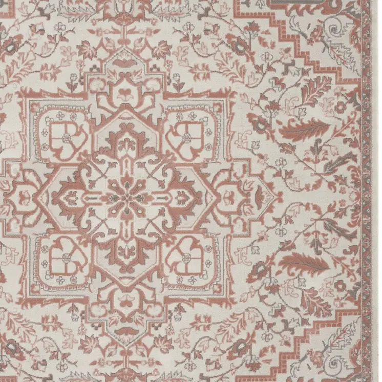 9' X 12' Ivory and Red Floral Medallion Non Skid Area Rug