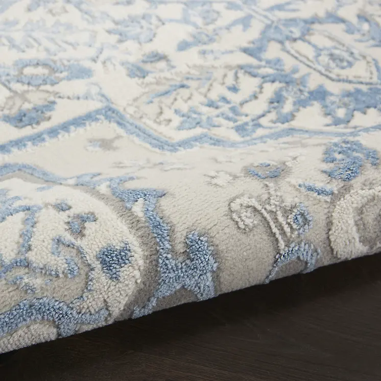 9' X 12' Ivory Blue and Gray Floral Non Skid Area Rug