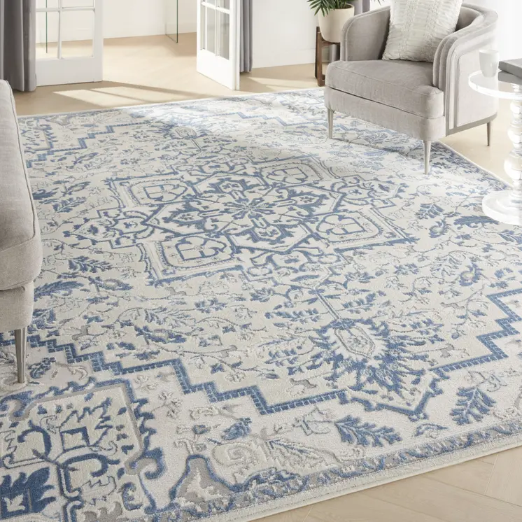 9' X 12' Ivory Blue and Gray Floral Non Skid Area Rug