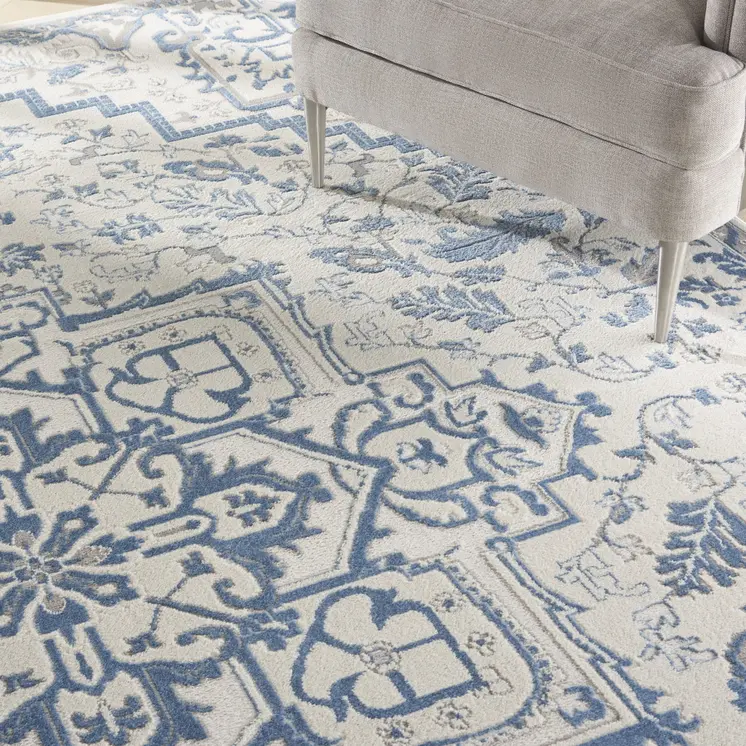 9' X 12' Ivory Blue and Gray Floral Non Skid Area Rug